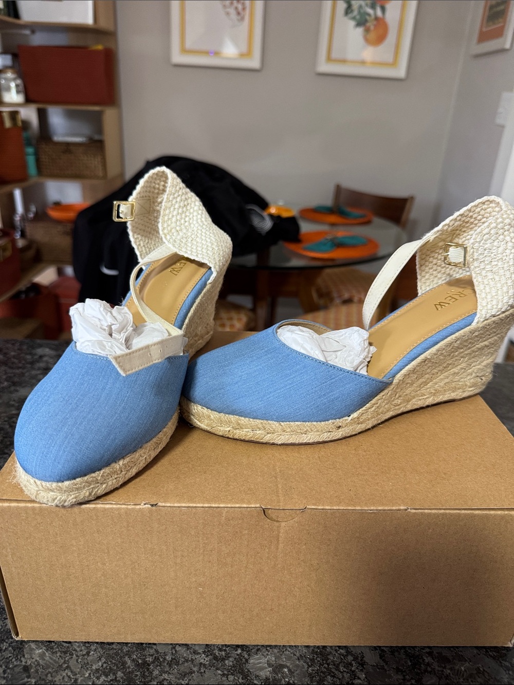 New in box J. Crew Blue Espadrille Wedge Sandals with Natural Jute Ankle Strap